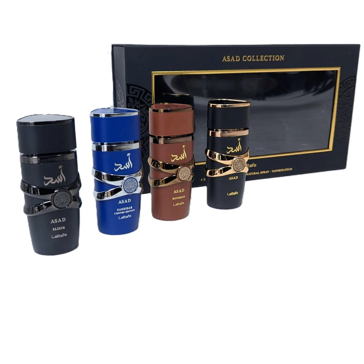 Lattafa Asad Collection Eau De Parfum (Elixir 25ml, Zanzibar 25ml, Bourbon 25ml & Original 25ml)