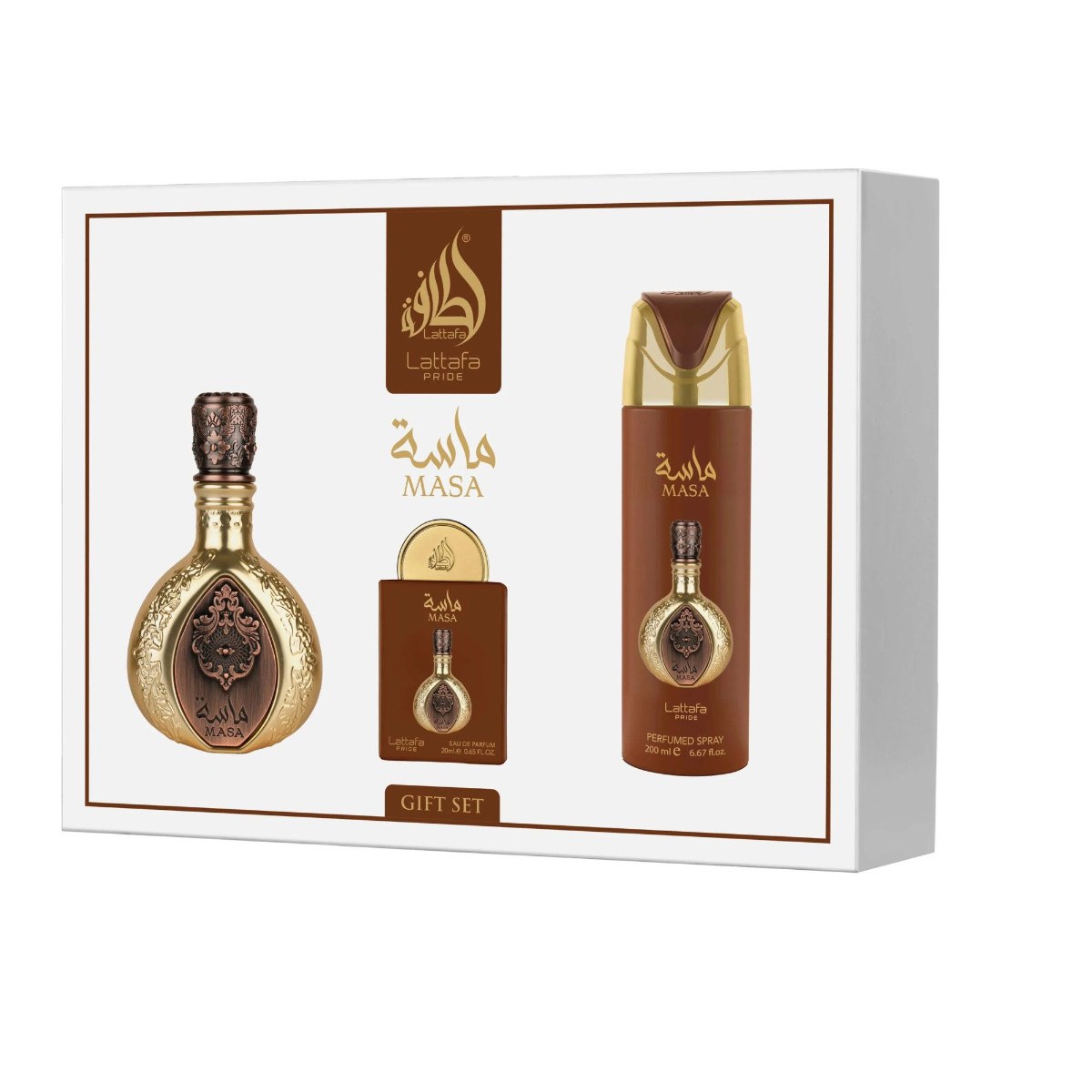 Lattafa Pride Masa Gift Set (Eau De Parfum 100ml & 20ml, Perfumed Spray 200ml & Refillable Bottle)